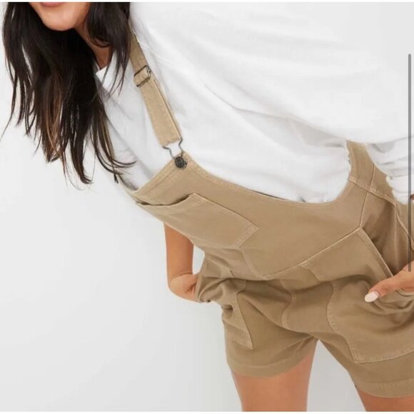 Aerie Womens Khaki Denim Overalls Shorts XS Womens Adjustable Straps Pockets Bei - Picture 4 of 16